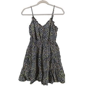 Mimi Chica Floral Sundress S Black Pink Ruffle VNeck Pleated Mini Smocked Straps